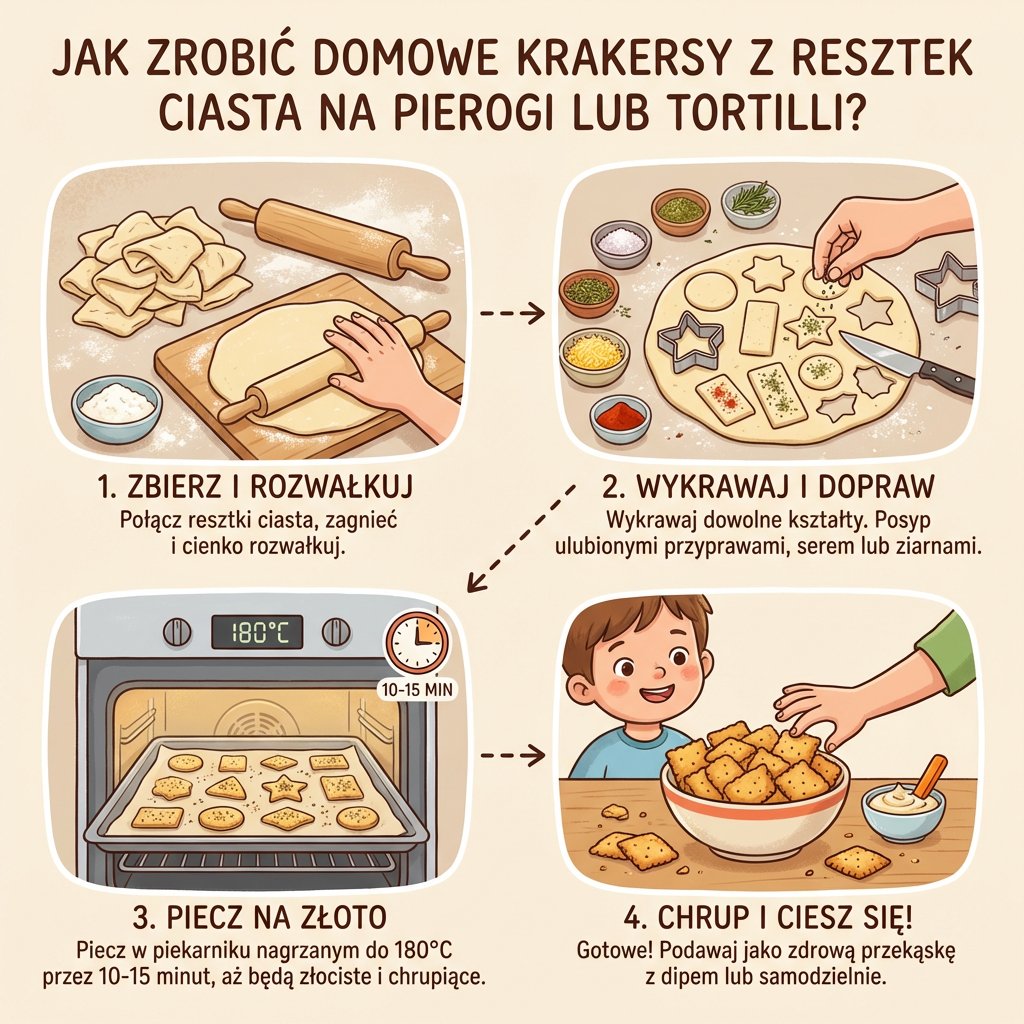 Infografika kulinarna dla rodziców przedstawiająca przepis krok po kroku, jak zrobić domowe krakersy z ciasta na pierog...