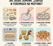 Infografika przedstawiająca przepis krok po kroku, jak zrobić domowe ciasteczka misie w foremkach na muffinki dla dzieci.