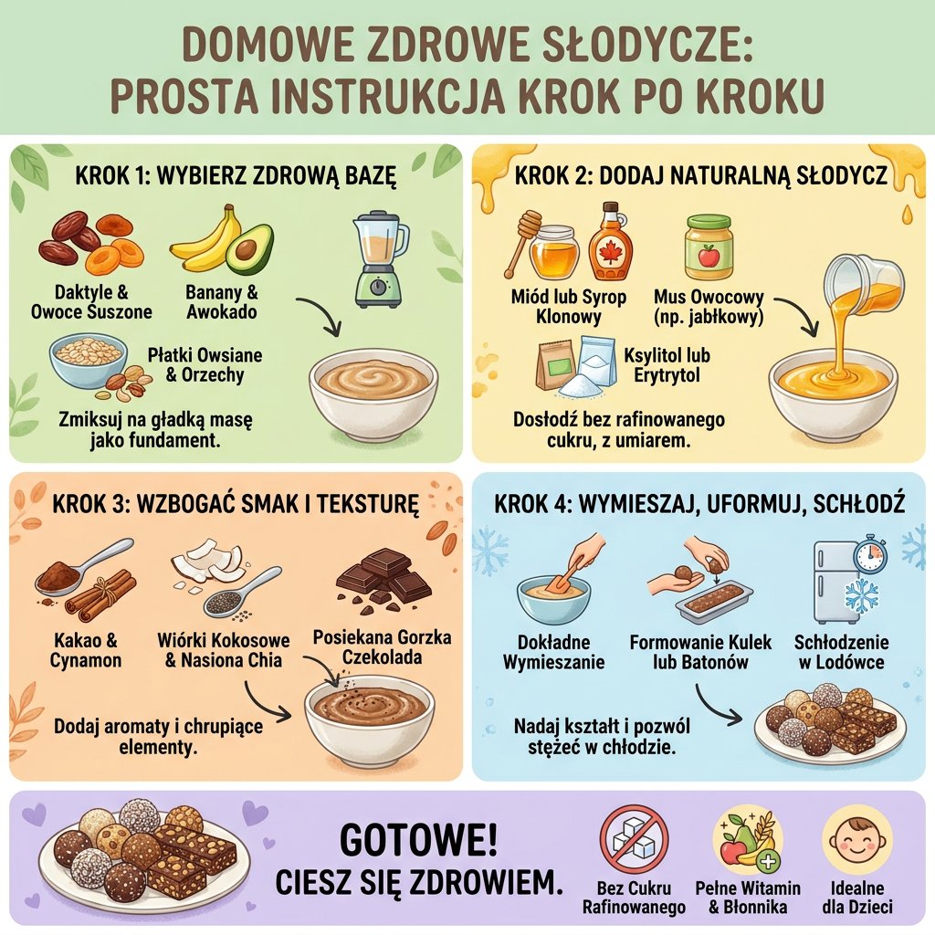 Infografika parentingowa przedstawiająca krok po kroku instrukcję, jak zrobić zdrowe domowe słodycze bez cukru dla dzi...