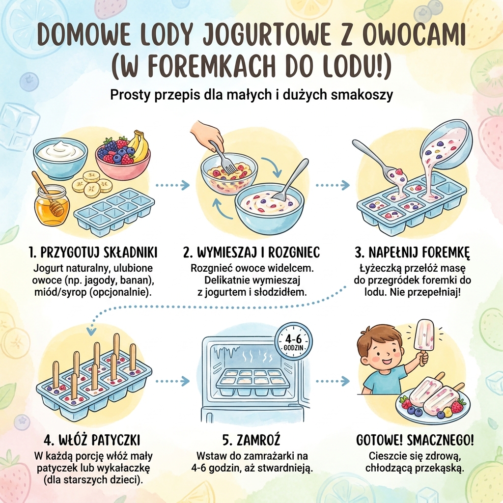 Infografika dla rodziców: jak zrobić domowy jogurt mrożony z owocami w foremkach do lodu – prosty przepis na zdrowe l...