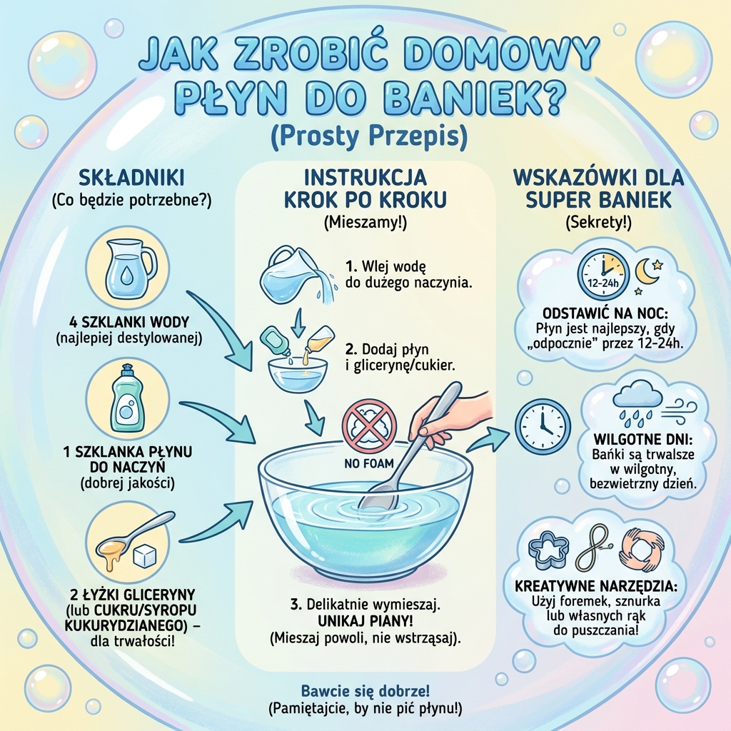 Infografika przedstawiająca sprawdzony przepis na domowy płyn do baniek mydlanych, idealna dla rodziców szukających kr...