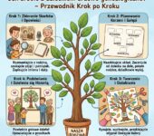 Infografika poradnikowa dla rodziców przedstawiająca krok po kroku, jak zrobić drzewo genealogiczne z dzieckiem, kreaty...