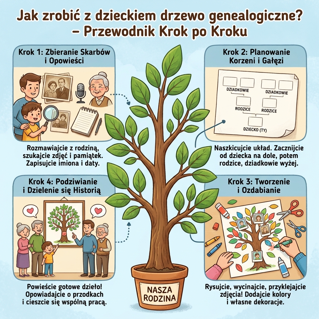 Infografika poradnikowa dla rodziców przedstawiająca krok po kroku, jak zrobić drzewo genealogiczne z dzieckiem, kreaty...