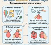 Infografika parentingowa przedstawiająca instrukcję krok po kroku, jak zrobić domowego gniotka antystresowego z kolorow...