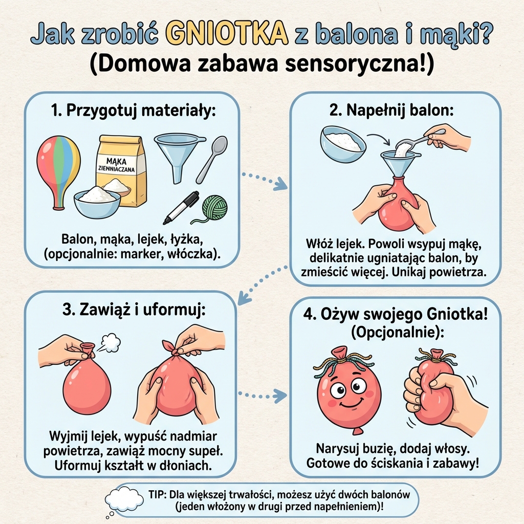 Infografika parentingowa przedstawiająca instrukcję krok po kroku, jak zrobić domowego gniotka antystresowego z kolorow...