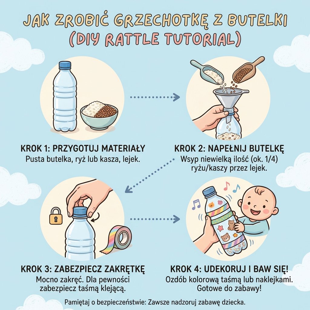 Infografika DIY dla rodziców: jak zrobić ekologiczną grzechotkę z plastikowej butelki po wodzie, ryżu i kaszy. Instru...