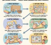 Infografika dla rodziców przedstawiająca krok po kroku, jak zrobić kreatywny kolaż z dzieckiem, rozwijający wyobraźn...