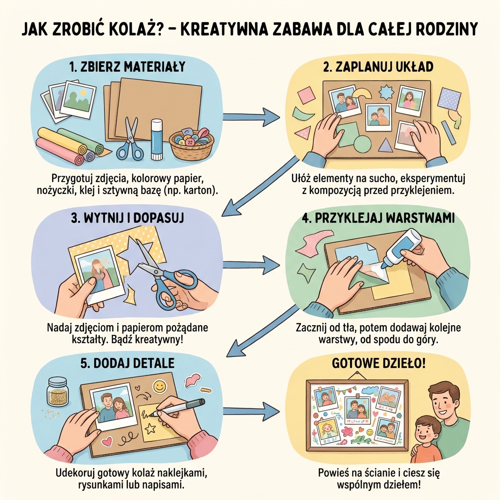 Infografika dla rodziców przedstawiająca krok po kroku, jak zrobić kreatywny kolaż z dzieckiem, rozwijający wyobraźn...