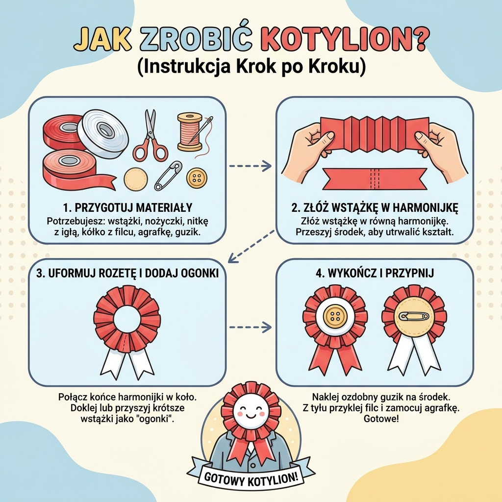 Infografika przedstawiająca instrukcję krok po kroku jak zrobić kotylion DIY, idealna dla rodziców i dzieci na szkolne...