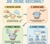 Infografika pokazująca krok po kroku jak zrobić domowy krochmal, idealna pomoc dla rodziców dbających o naturalną pie...
