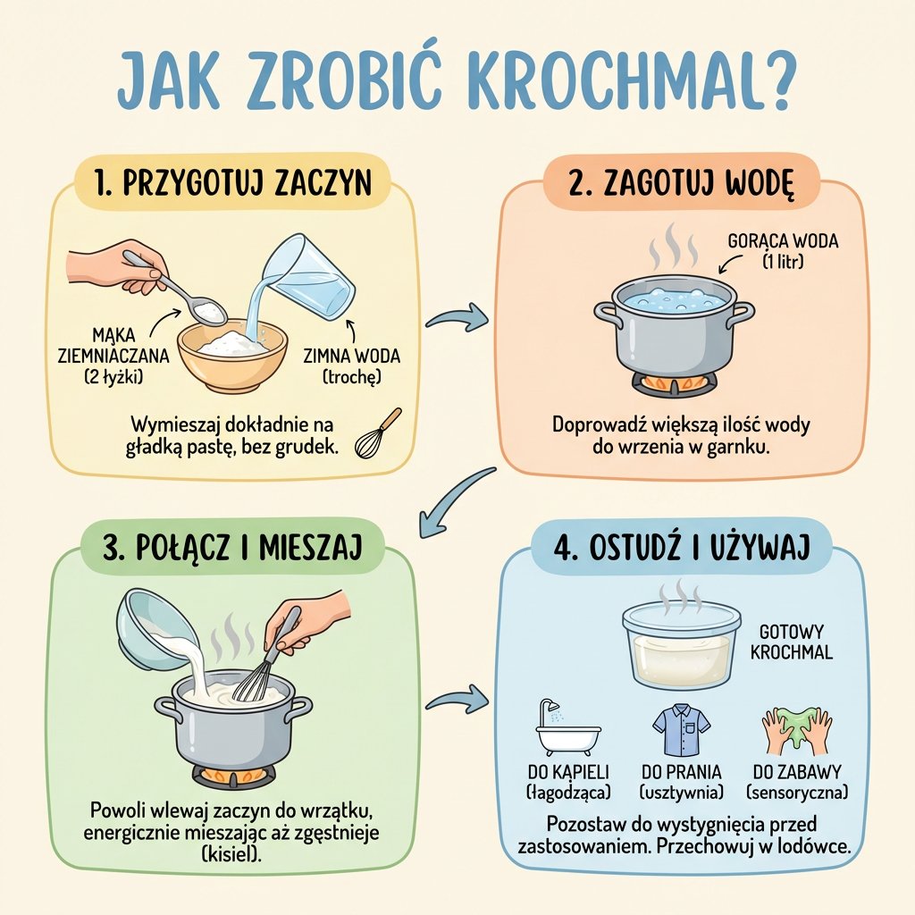 Infografika pokazująca krok po kroku jak zrobić domowy krochmal, idealna pomoc dla rodziców dbających o naturalną pie...