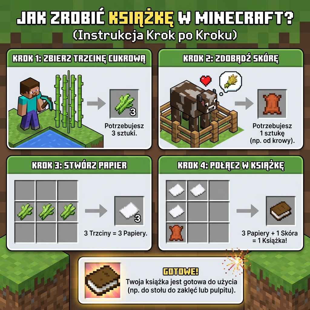 Infografika dla rodziców: instrukcja krok po kroku jak zrobić książkę w grze Minecraft – rzemiosło, papier i skór...
