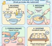Infografika poradnikowa dla rodziców przedstawiająca instrukcję krok po kroku, jak zrobić domowe, musujące kulki do k...
