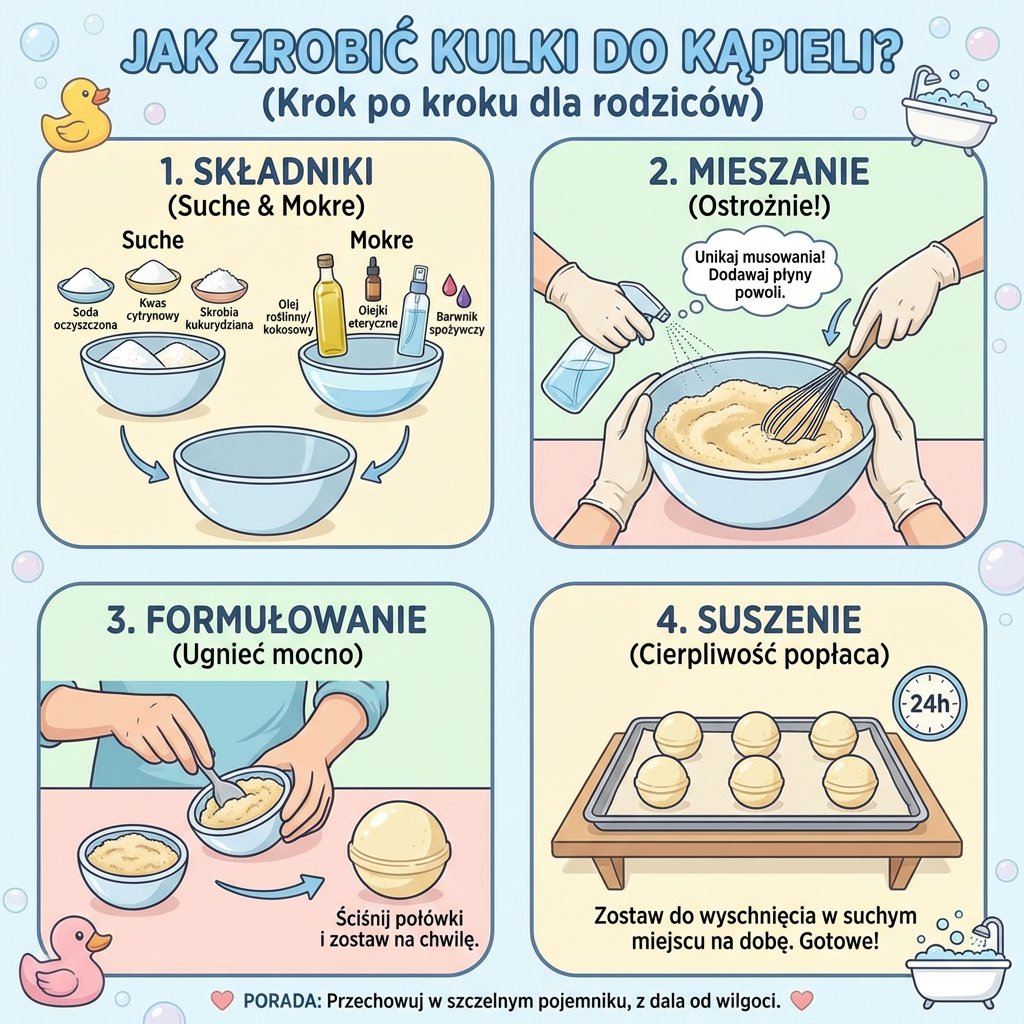 Infografika poradnikowa dla rodziców przedstawiająca instrukcję krok po kroku, jak zrobić domowe, musujące kulki do k...