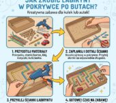Infografika przedstawiająca instrukcję krok po kroku, jak zrobić kreatywny labirynt dla kulek lub autek z pokrywki po b...