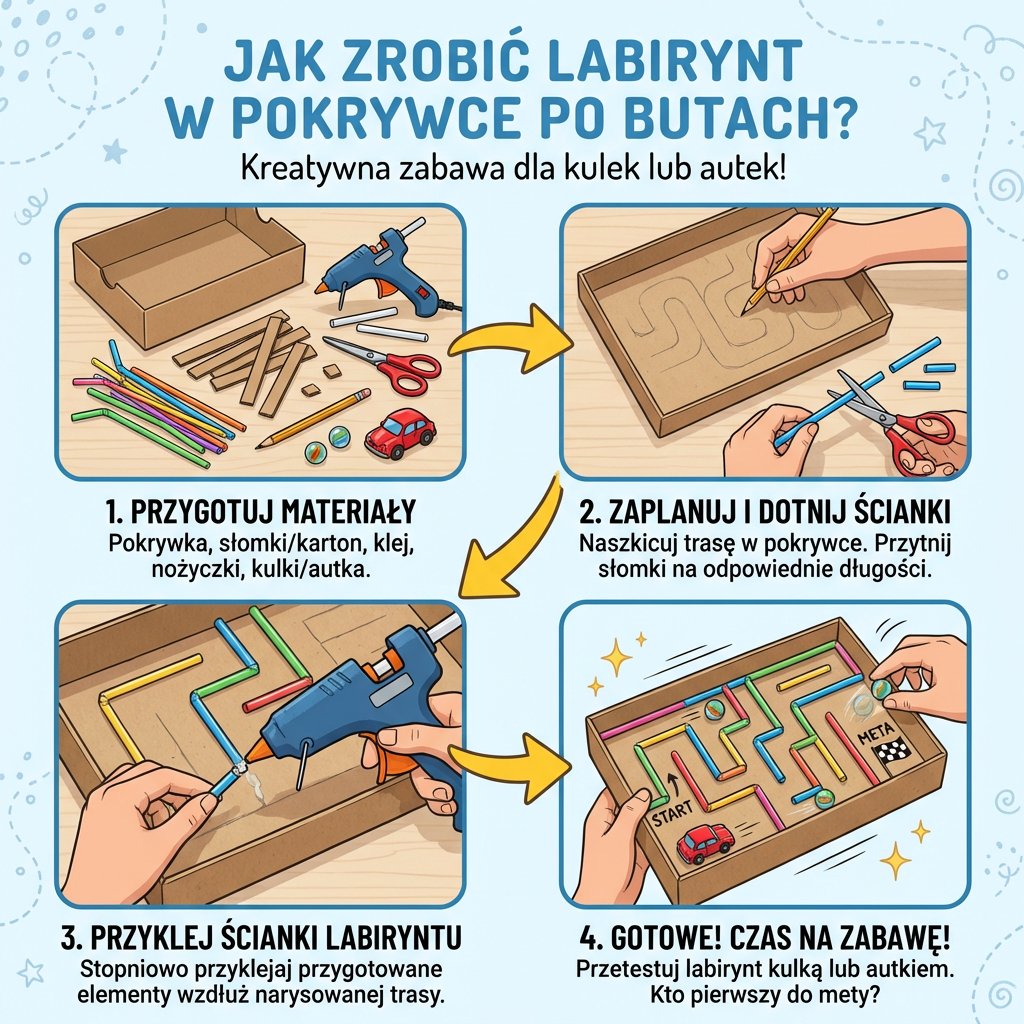 Infografika przedstawiająca instrukcję krok po kroku, jak zrobić kreatywny labirynt dla kulek lub autek z pokrywki po b...