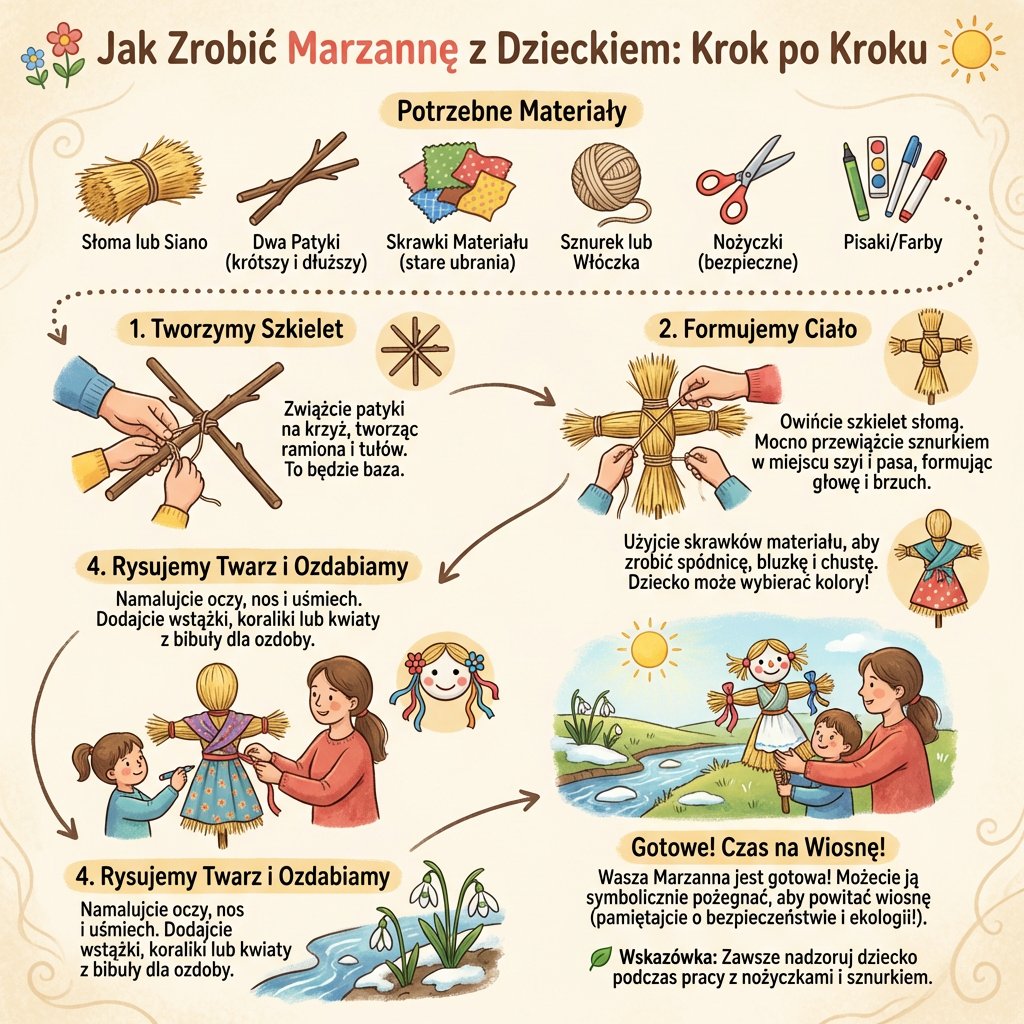 Infografika dla rodziców: Jak zrobić marzannę z dzieckiem krok po kroku – prosta instrukcja wykonania tradycyjnej kuk...
