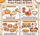 Infografika kulinarna dla rodziców przedstawiająca krok po kroku prosty przepis na domowe mini-pizzerki z bułek kajzere...