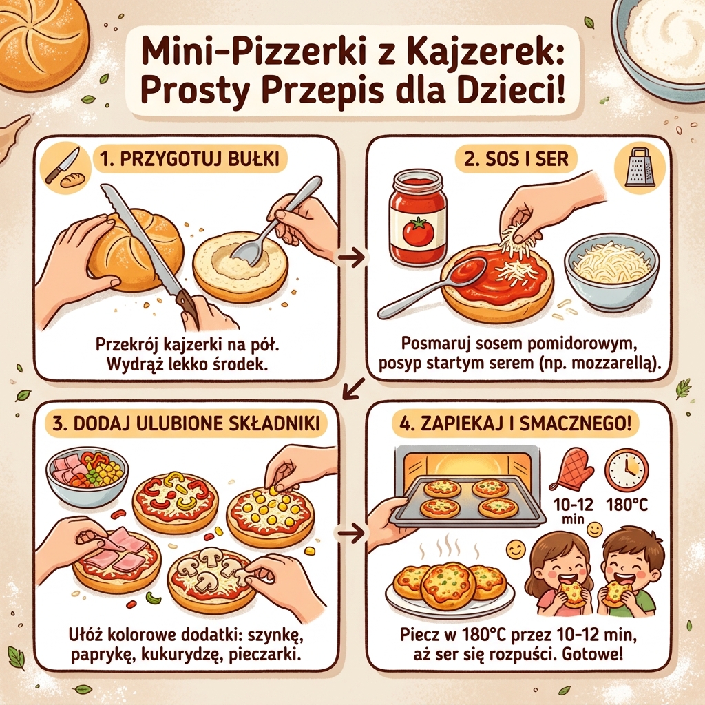 Infografika kulinarna dla rodziców przedstawiająca krok po kroku prosty przepis na domowe mini-pizzerki z bułek kajzere...