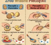 Infografika dla rodziców przedstawiająca instrukcję krok po kroku, jak zrobić kreatywne pieczątki z ziemniaka i korka...