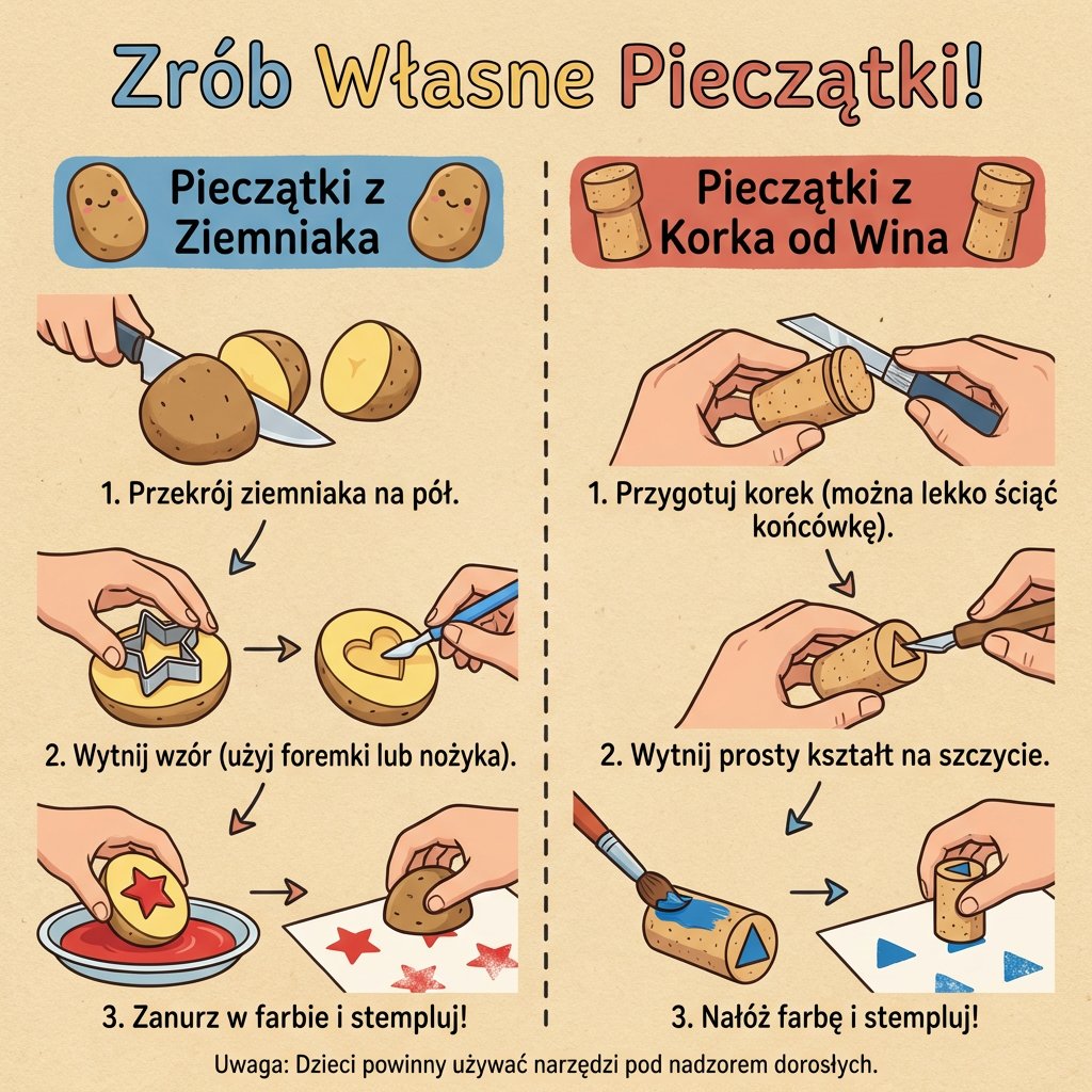 Infografika dla rodziców przedstawiająca instrukcję krok po kroku, jak zrobić kreatywne pieczątki z ziemniaka i korka...