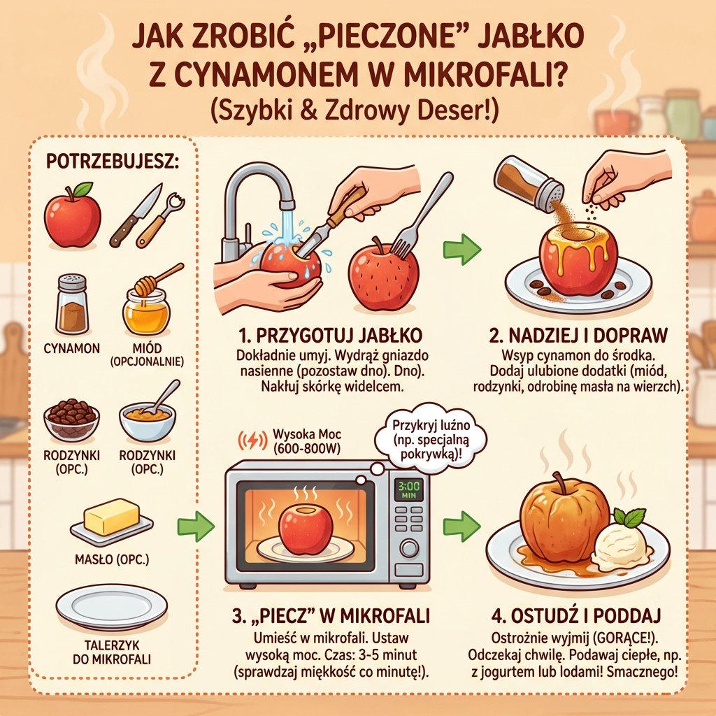 Infografika przedstawiająca prosty przepis krok po kroku, jak przygotować pyszne i zdrowe pieczone jabłko z cynamonem w...