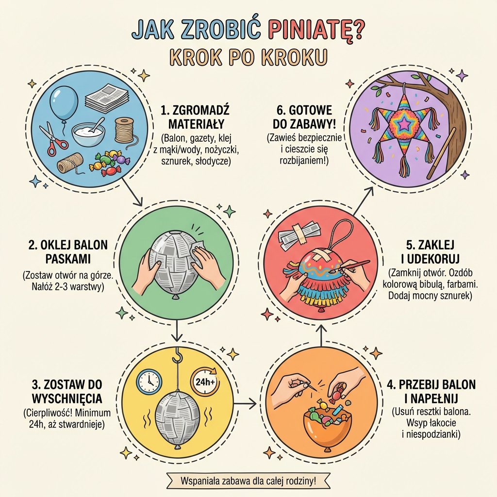 Infografika przedstawiająca instrukcję krok po kroku jak zrobić piniatę DIY, idealna na przyjęcie urodzinowe dla dzie...