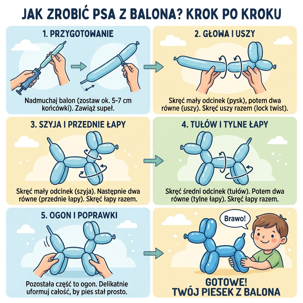 Infografika dla rodziców: instrukcja krok po kroku jak zrobić psa z balona. Prosty poradnik modelowania balonów dla dzi...