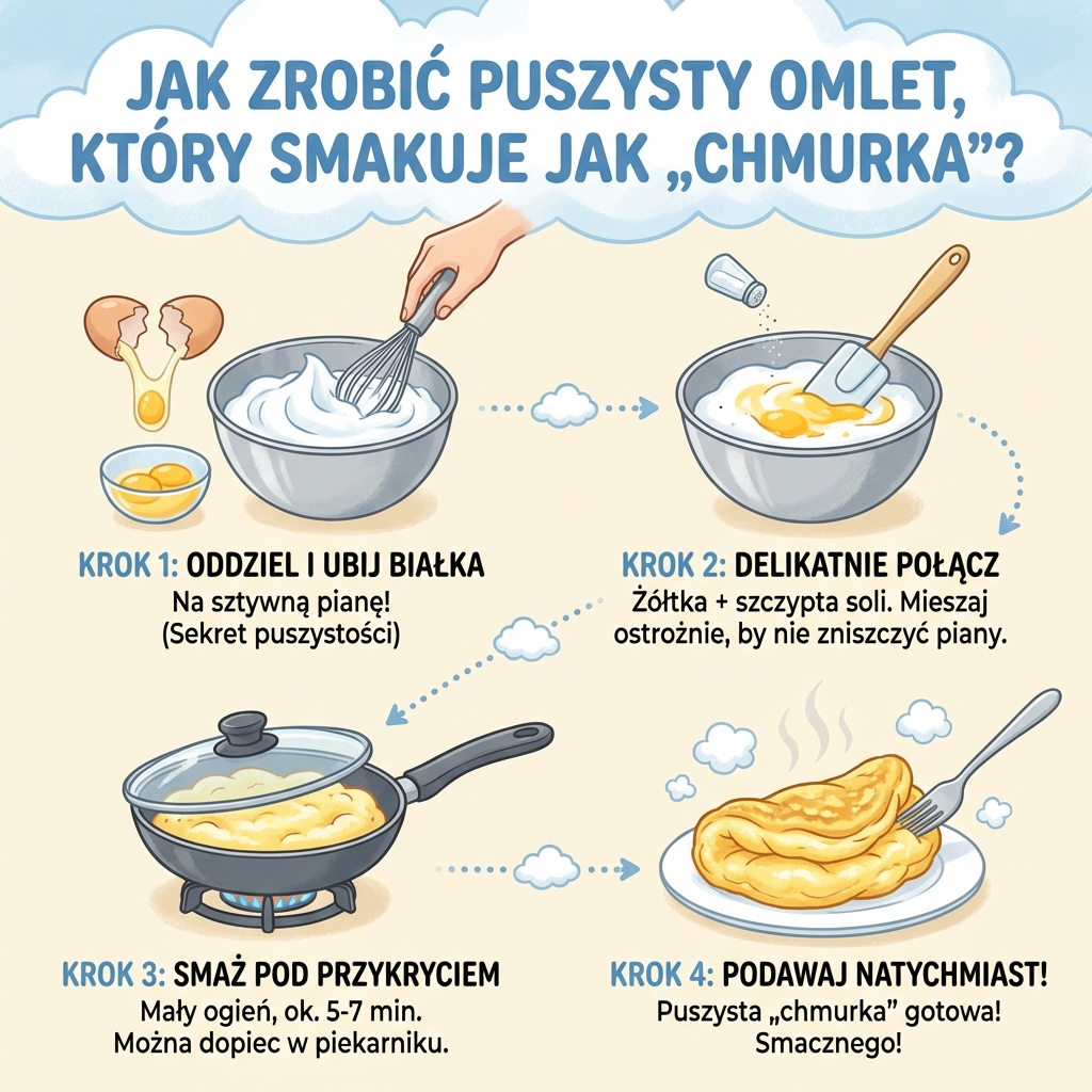 Infografika dla rodziców: Jak zrobić puszysty omlet chmurka – prosty przepis krok po kroku na idealne i delikatne śni...