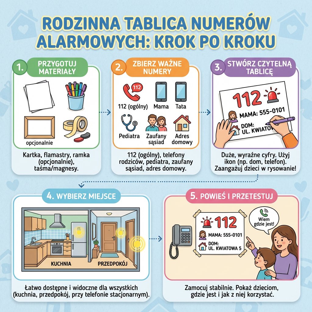 Infografika edukacyjna dla rodziców przedstawiająca instrukcję krok po kroku, jak przygotować i powiesić domową list...