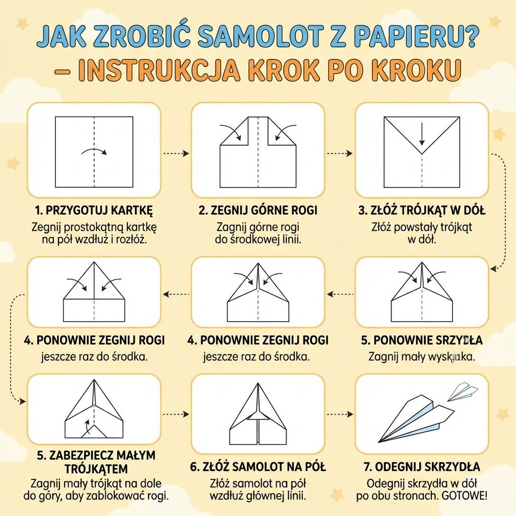 Infografika przedstawiająca instrukcję krok po kroku, jak zrobić samolot z papieru, idealna dla rodziców i dzieci na b...