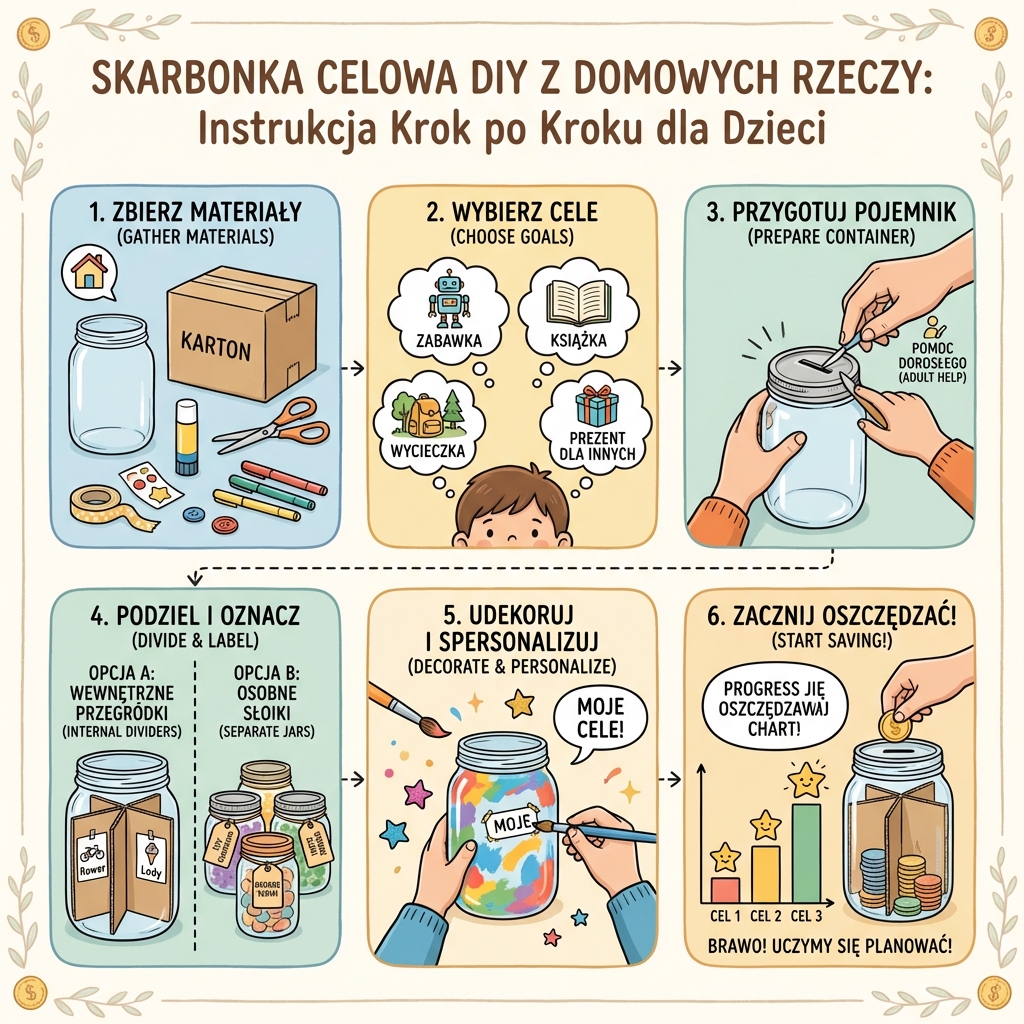 Infografika DIY dla rodziców: jak zrobić dziecku kreatywną skarbonkę na różne cele z materiałów z recyklingu i rze...
