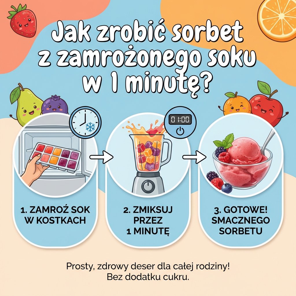 Infografika dla rodziców: jak zrobić domowy sorbet z zamrożonego soku w 1 minutę. Prosty przepis na zdrowy deser dla d...