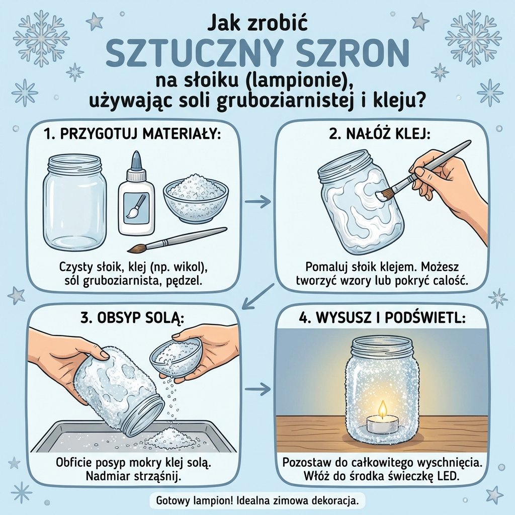 Infografika dla rodziców: Jak zrobić sztuczny szron na słoiku z soli i kleju – instrukcja DIY na zimowy lampion krok ...