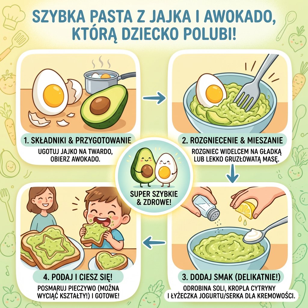 Infografika przedstawiająca prosty przepis na zdrowe śniadanie dla dzieci: pasta z jajka i awokado krok po kroku w domow...