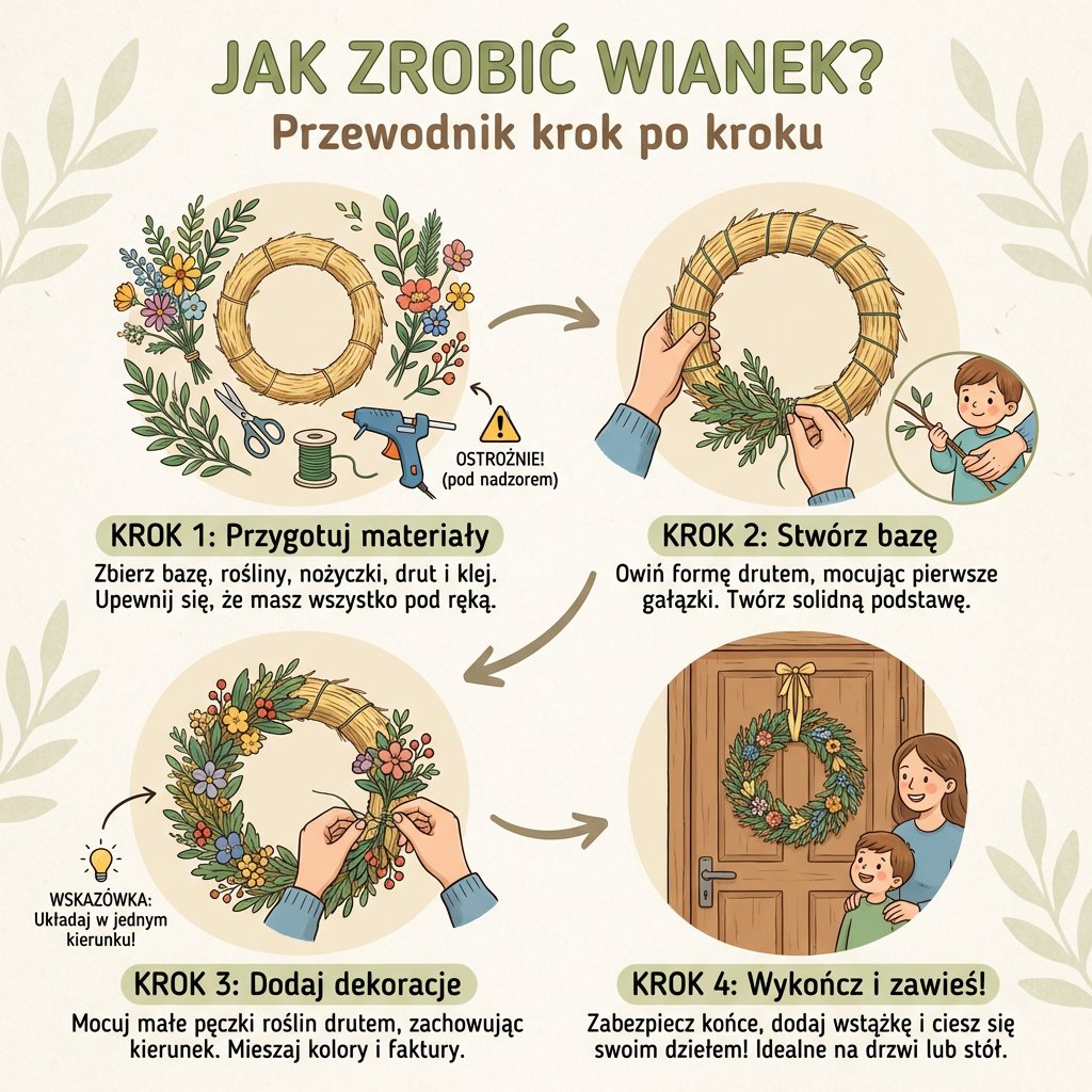 Infografika przedstawiająca instrukcję krok po kroku jak zrobić DIY wianek dekoracyjny, idealna dla rodziców i fanów ...