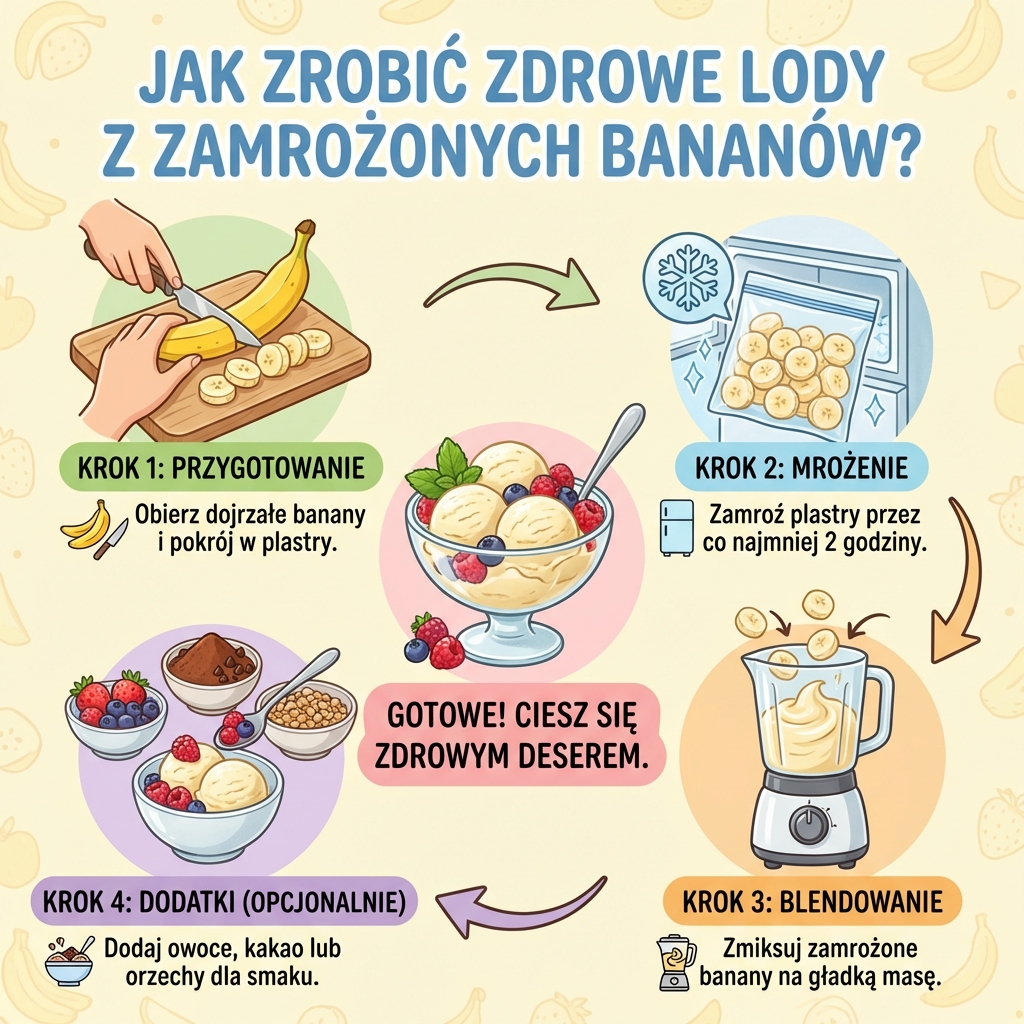 Infografika przedstawiająca prosty przepis krok po kroku, jak zrobić domowe, zdrowe lody z mrożonych bananów dla dziec...