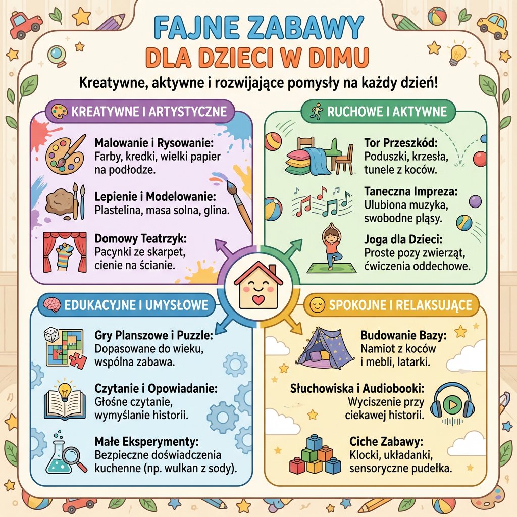 Infografika przedstawiająca kreatywne i fajne zabawy dla dzieci w domu, idealna dla rodziców szukających inspiracji na ...
