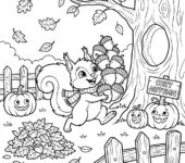 Przytulna jesienna scena z opadającymi liśćmi, przyjazną wiewiórką zbierającą żołędzie i dyniami, kolorowanka d...