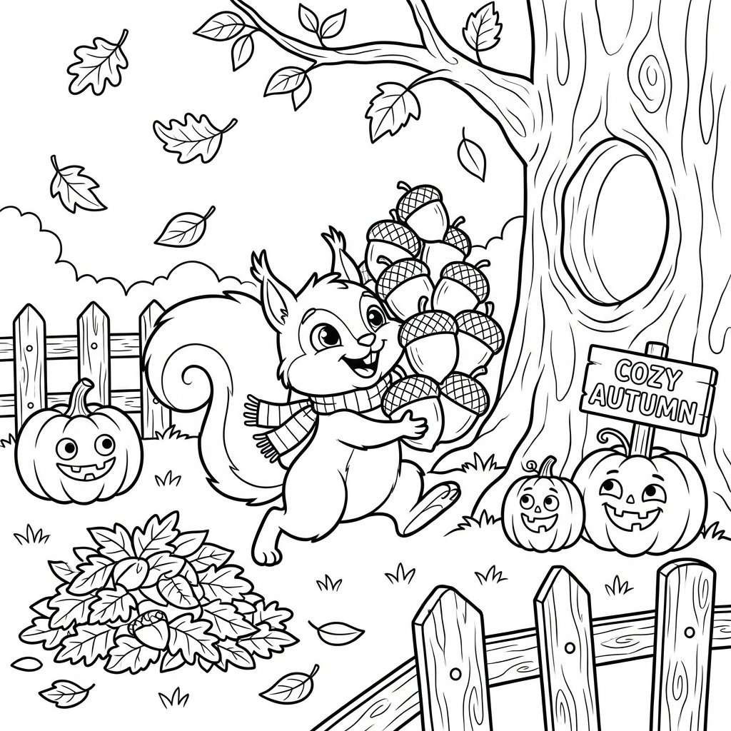 Przytulna jesienna scena z opadającymi liśćmi, przyjazną wiewiórką zbierającą żołędzie i dyniami, kolorowanka d...