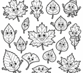 Kolekcja różnych jesiennych liści: klonu, dębu, brzozy, kolorowanka dla dzieci, czarne kontury, białe tło.