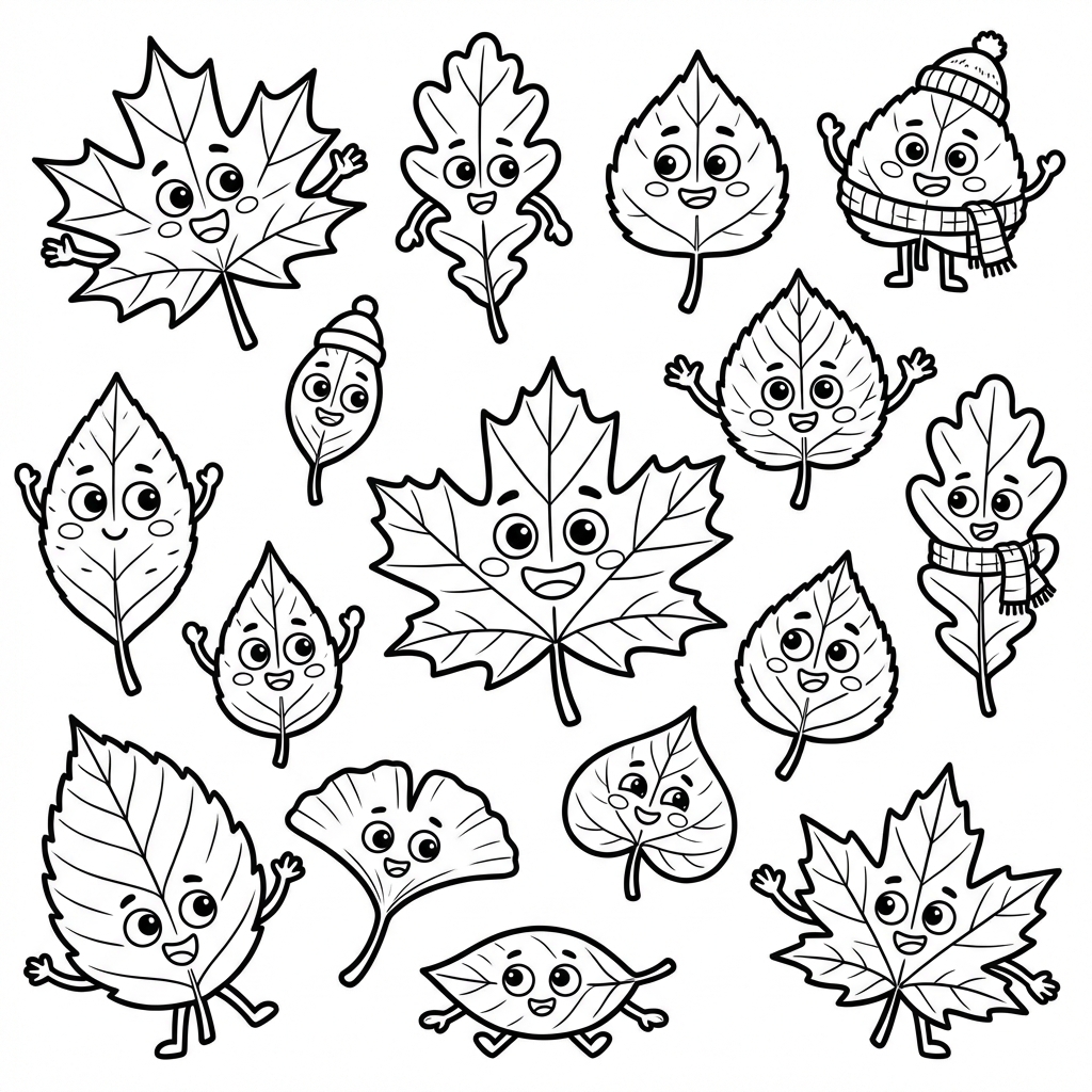 Kolekcja różnych jesiennych liści: klonu, dębu, brzozy, kolorowanka dla dzieci, czarne kontury, białe tło.