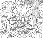 Przytulna jesienna scena piknikowa z kocykiem w kratkę, kanapkami i gorącymi napojami, kolorowanka dla dzieci, czarne ko...