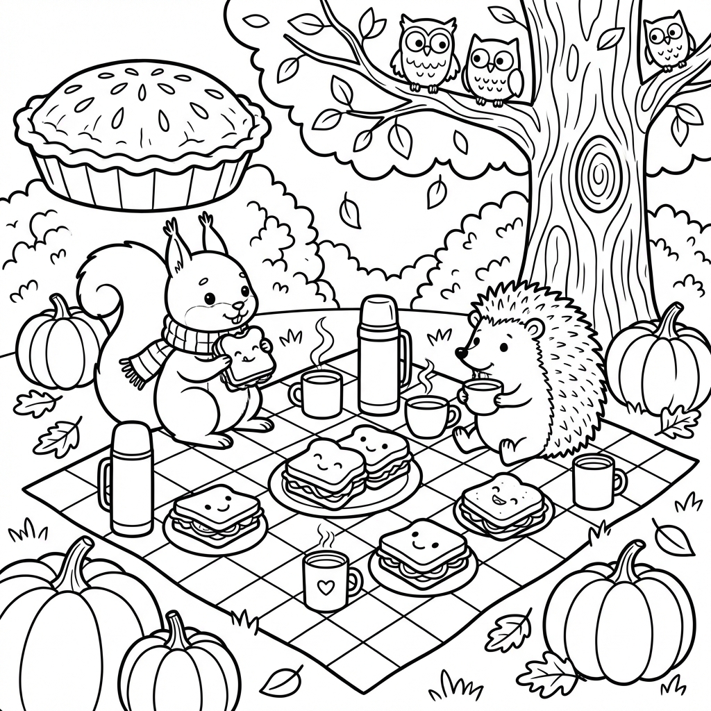 Przytulna jesienna scena piknikowa z kocykiem w kratkę, kanapkami i gorącymi napojami, kolorowanka dla dzieci, czarne ko...