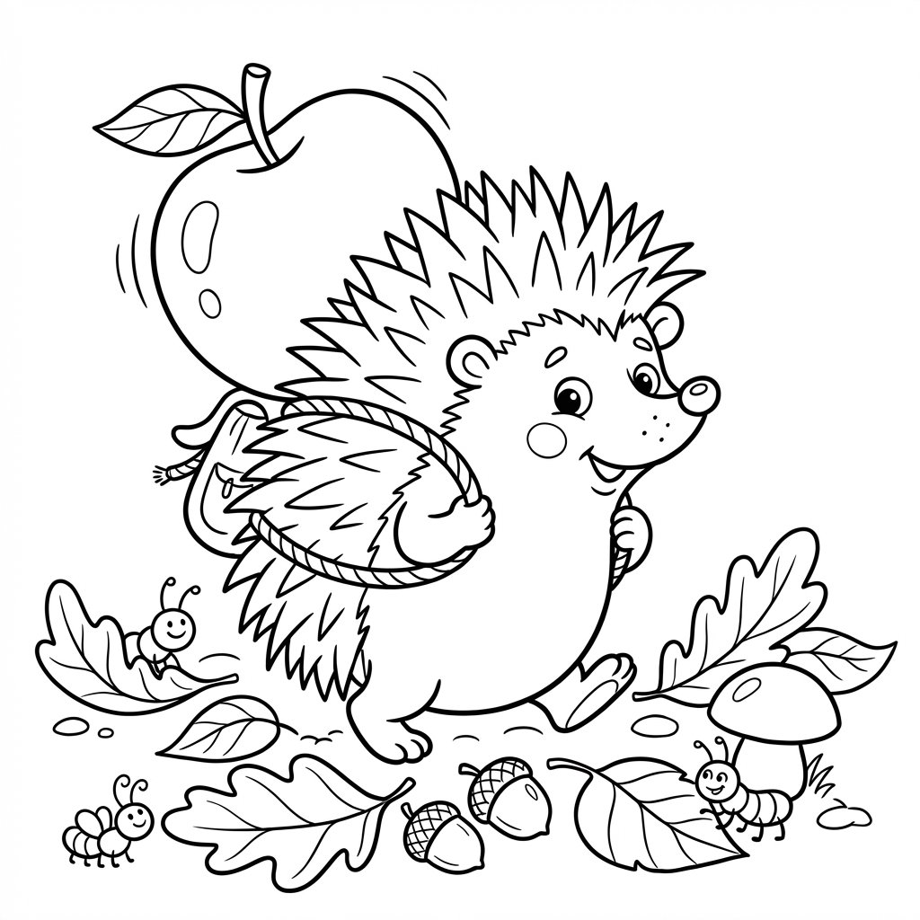 Uroczy jeż niosący jabłko na grzbiecie, spacerujący po opadłych liściach, kolorowanka dla dzieci, czarne kontury, bi...
