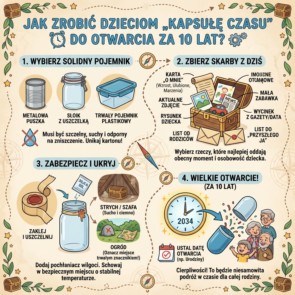 Infografika dla rodziców: Jak zrobić kapsułę czasu z dziećmi do otwarcia za 10 lat. Kreatywna instrukcja krok po krok...