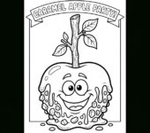 Pyszne karmelowe jabłko na patyku, pokryte orzechami, kolorowanka dla dzieci, czarne kontury, białe tło.