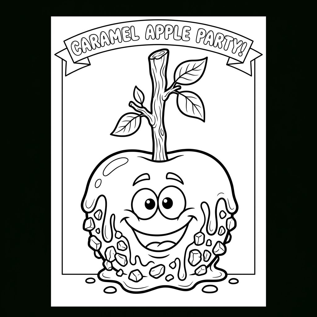 Pyszne karmelowe jabłko na patyku, pokryte orzechami, kolorowanka dla dzieci, czarne kontury, białe tło.