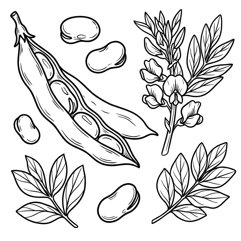 Czarno-biała kolorowanka do druku: bób, tylko czarne kontury na białym tle, bez tekstu.