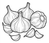 Czarno-biała kolorowanka czosnek do druku, bez tła, tylko kontury. Idealna dla dzieci i dorosłych.